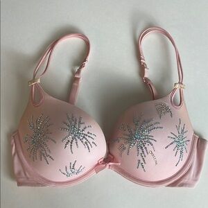 Pink Victorias Secret Rhinestone Sparkle Push Up Bra with Adjustable Straps 32D